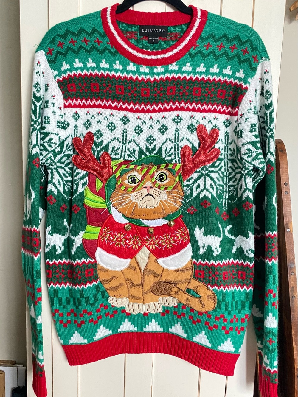 Blizzard Bay Ugly Christmas Sweater S Cat Reindeer 3D Appliqué Bells Holiday